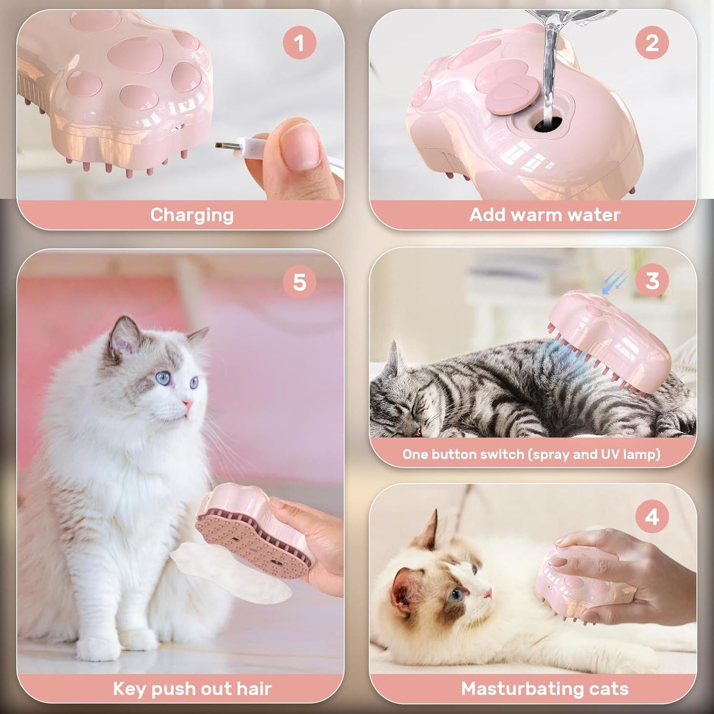 Self-Cleaning Cat Steam Brush For Shedding