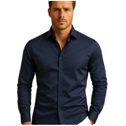 New Mens Long-sleeve Lapel Solid-color Shirt