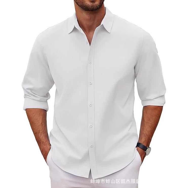 New Mens Long-sleeve Lapel Solid-color Shirt