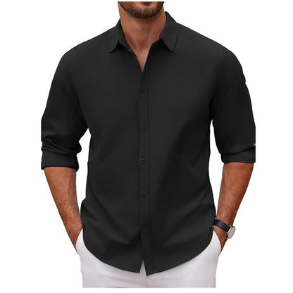 New Mens Long-sleeve Lapel Solid-color Shirt