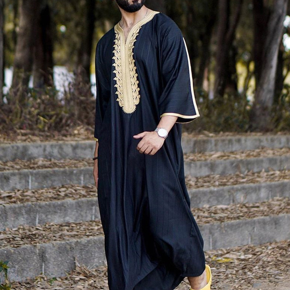 Men’s Black Muslim Robe – Linen Long Shirt with Stand-Up Collar UK