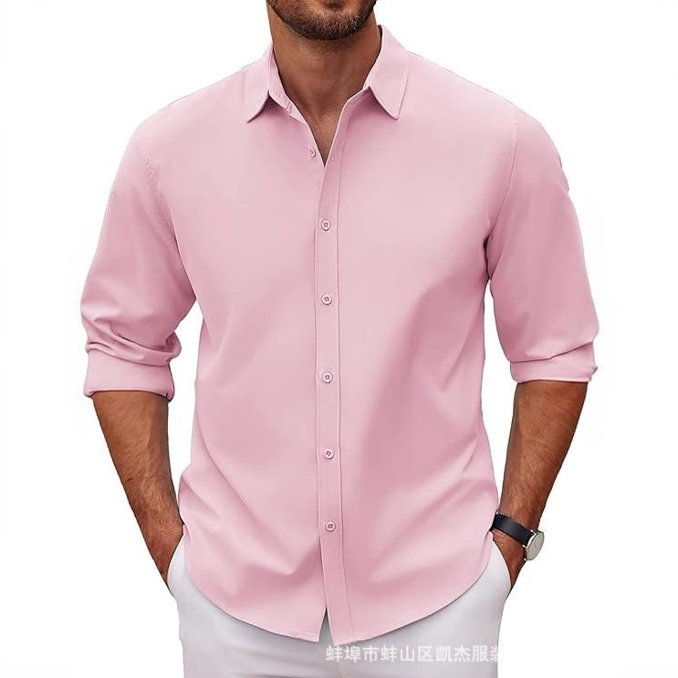 New Mens Long-sleeve Lapel Solid-color Shirt
