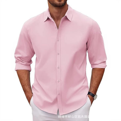 New Mens Long-sleeve Lapel Solid-color Shirt