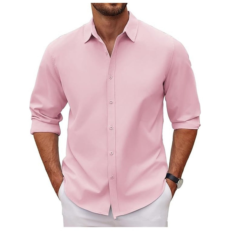 New Mens Long-sleeve Lapel Solid-color Shirt