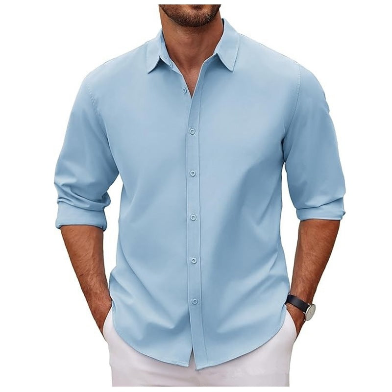 New Mens Long-sleeve Lapel Solid-color Shirt
