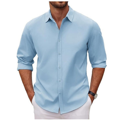 New Mens Long-sleeve Lapel Solid-color Shirt