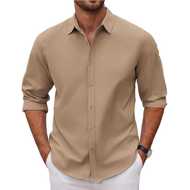 New Mens Long-sleeve Lapel Solid-color Shirt