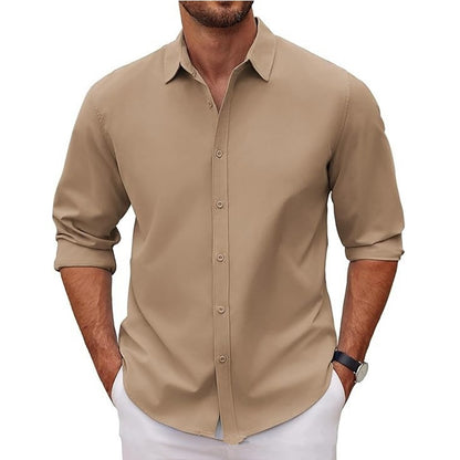 New Mens Long-sleeve Lapel Solid-color Shirt