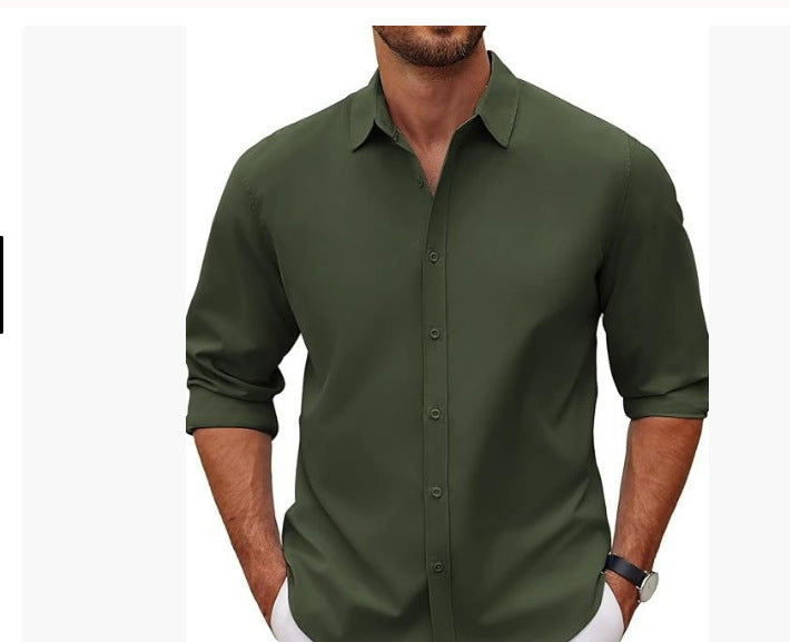 New Mens Long-sleeve Lapel Solid-color Shirt