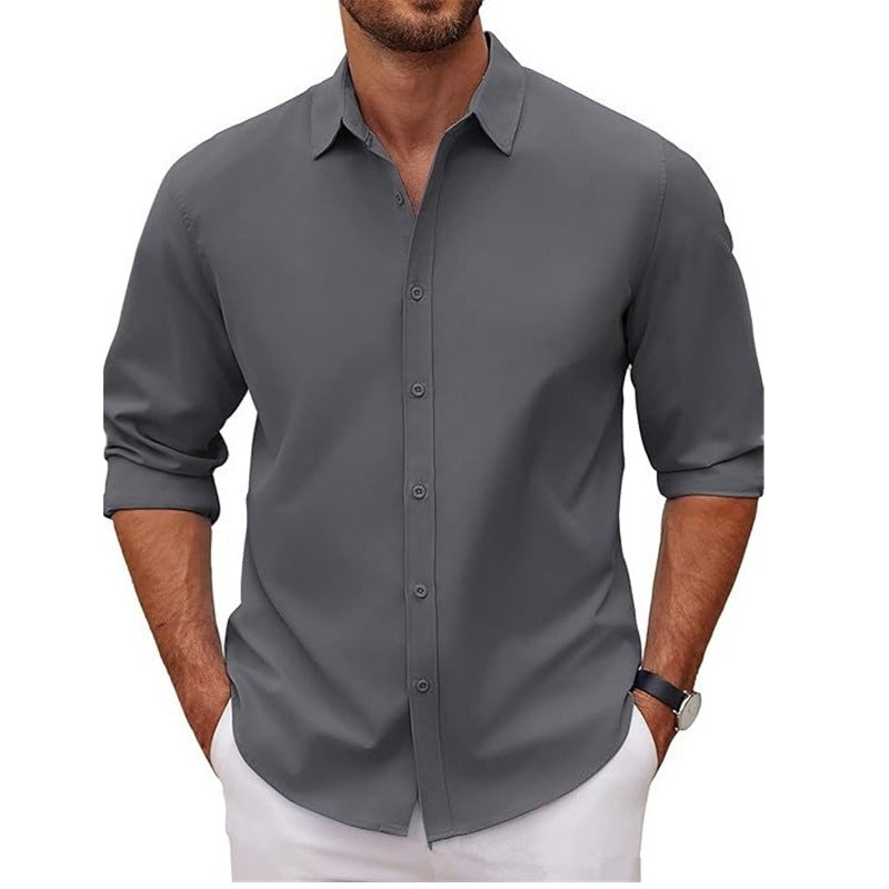 New Mens Long-sleeve Lapel Solid-color Shirt