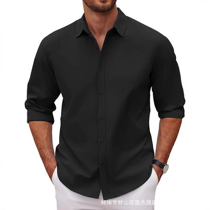 New Mens Long-sleeve Lapel Solid-color Shirt
