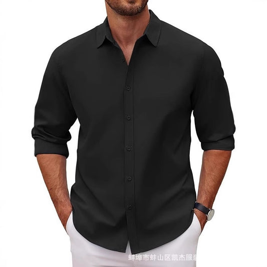 New Mens Long-sleeve Lapel Solid-color Shirt